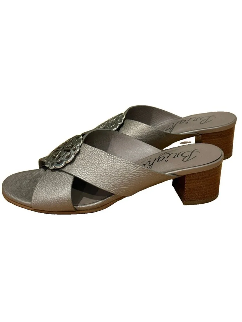 Brighton Alison Women’s 7.5 M Silver Leather Medallion Block Heel Sandals Italy